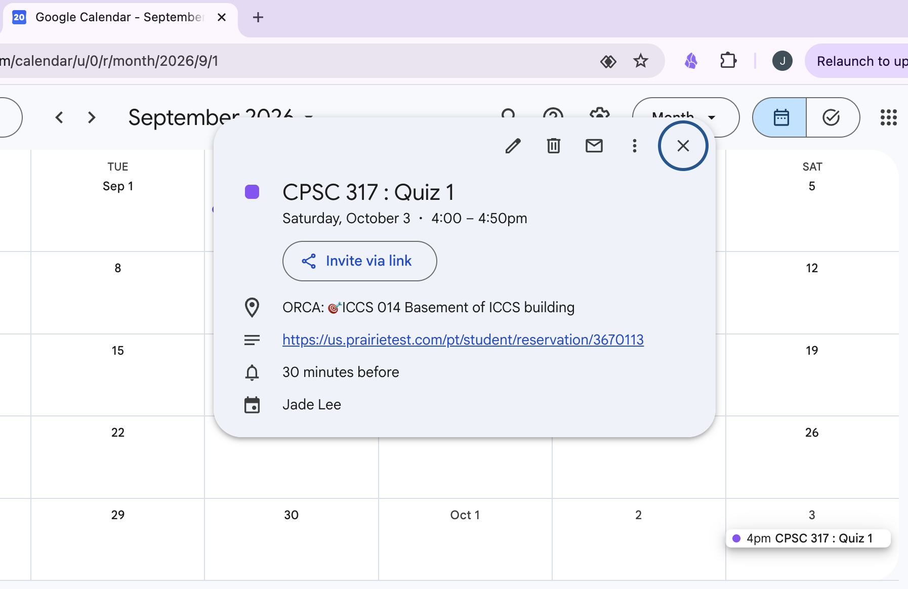PrairieTest exam exported as a Google Calendar event