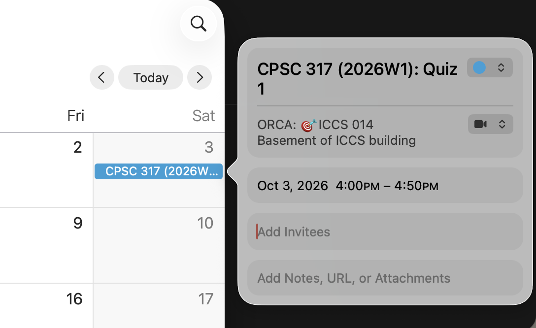 PrairieTest exam imported into Apple Calendar from an ICS file