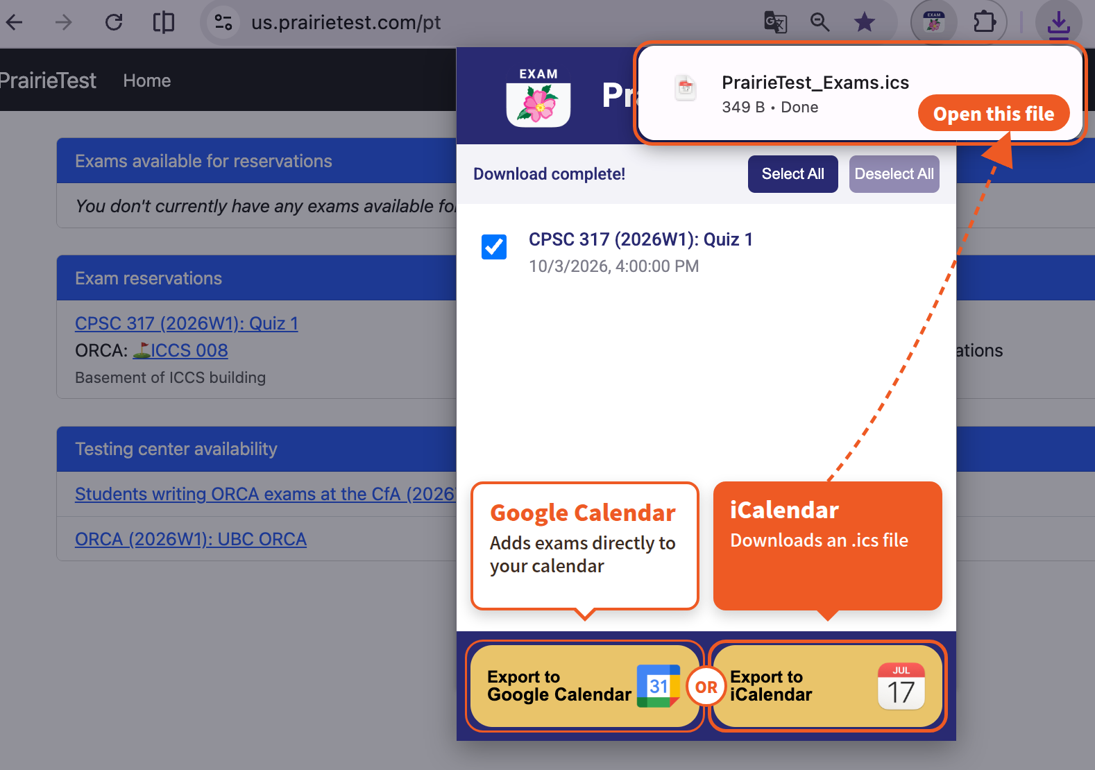 PrairieCalendar popup showing Google Calendar and iCalendar export options
